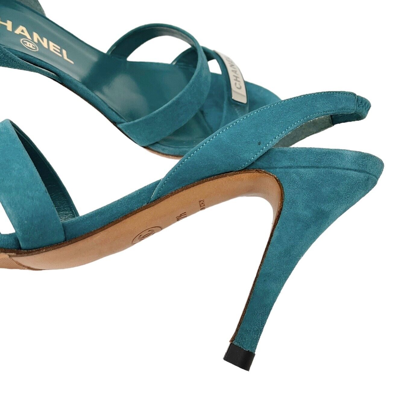 CHANEL Vintage 98P Logo Plate Sandals #37.5 US7.5 Turquoise Blue Suede Rank AB