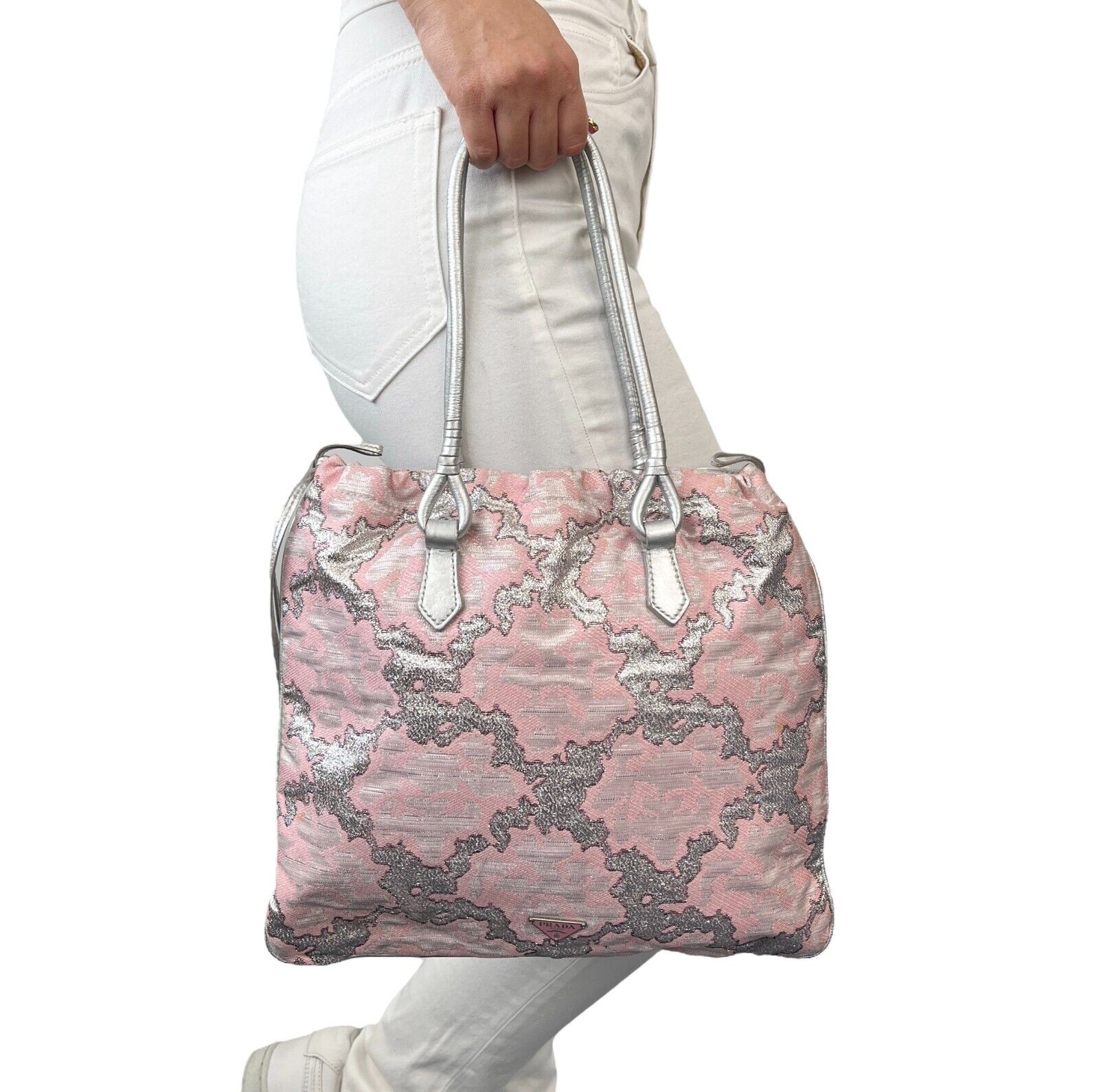 PRADA Vintage Logo Tote Bag Glitter Zip Pink Silver Nylon Rank AB