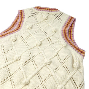 Christian Dior Vintage Logo Pom Pom Knit Vest #36 Cream Wool Tank Top RankAB