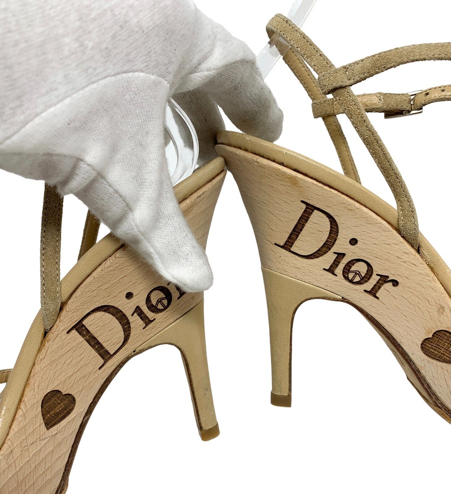 Dior Vintage Logo Strap Sandals #37 US 6.5 Heels Beige Suede Wood Rank AB