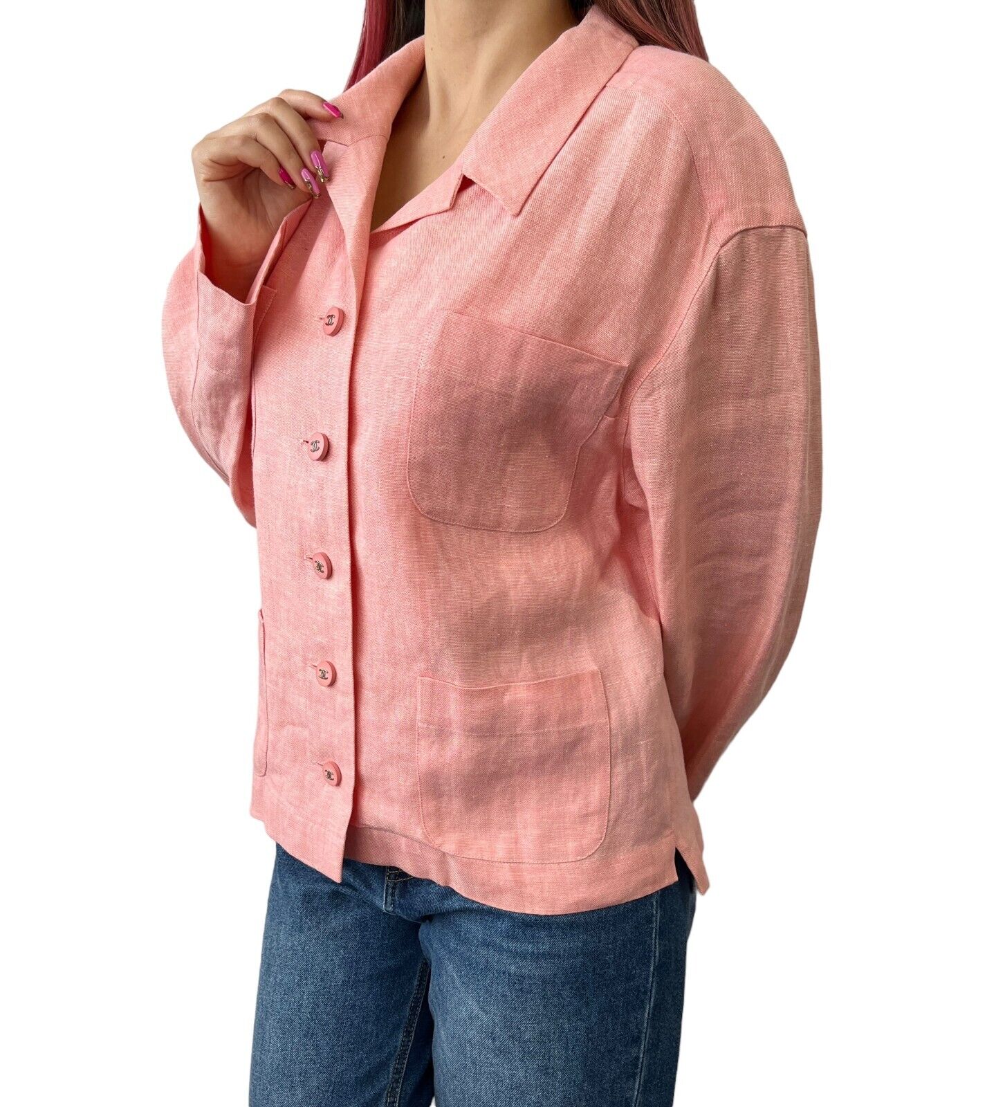 CHANEL Vintage 96P CC Mark Button Linen Jacket #36 Pocket Pink Rank AB