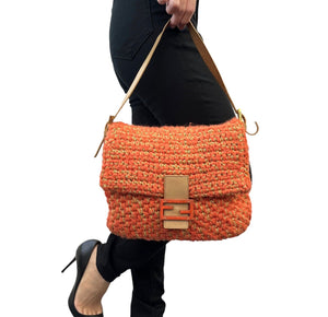 FENDI Vintage Logo Mamma Baguette Shoulder Bag Wool Leather Orange Gold RankAB