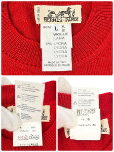 HERMES Vintage H Logo Knit Sweater Top #L Pullover Red Black Wool Rank AB+