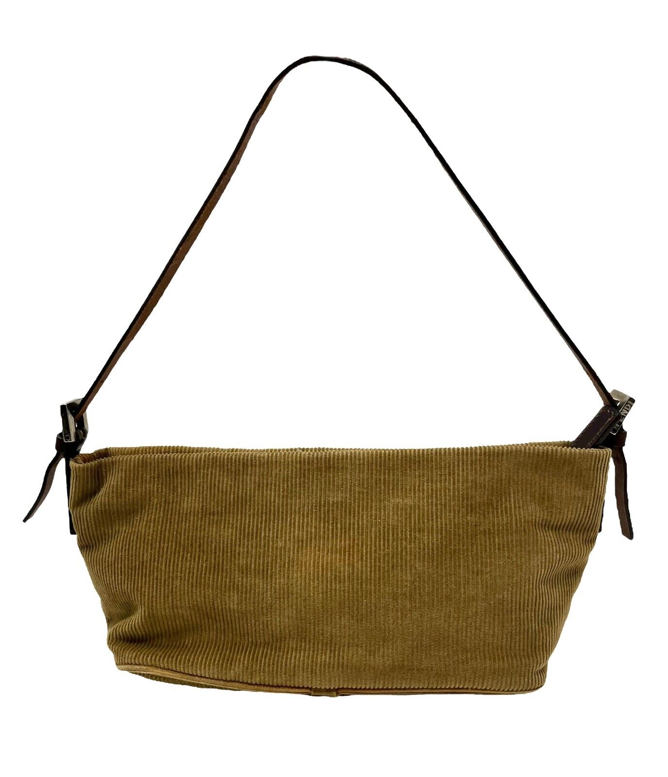FENDI Vintage FF Logo Corduroy Shoulder Bag Handbag Beige Silver Cotton Rank AB