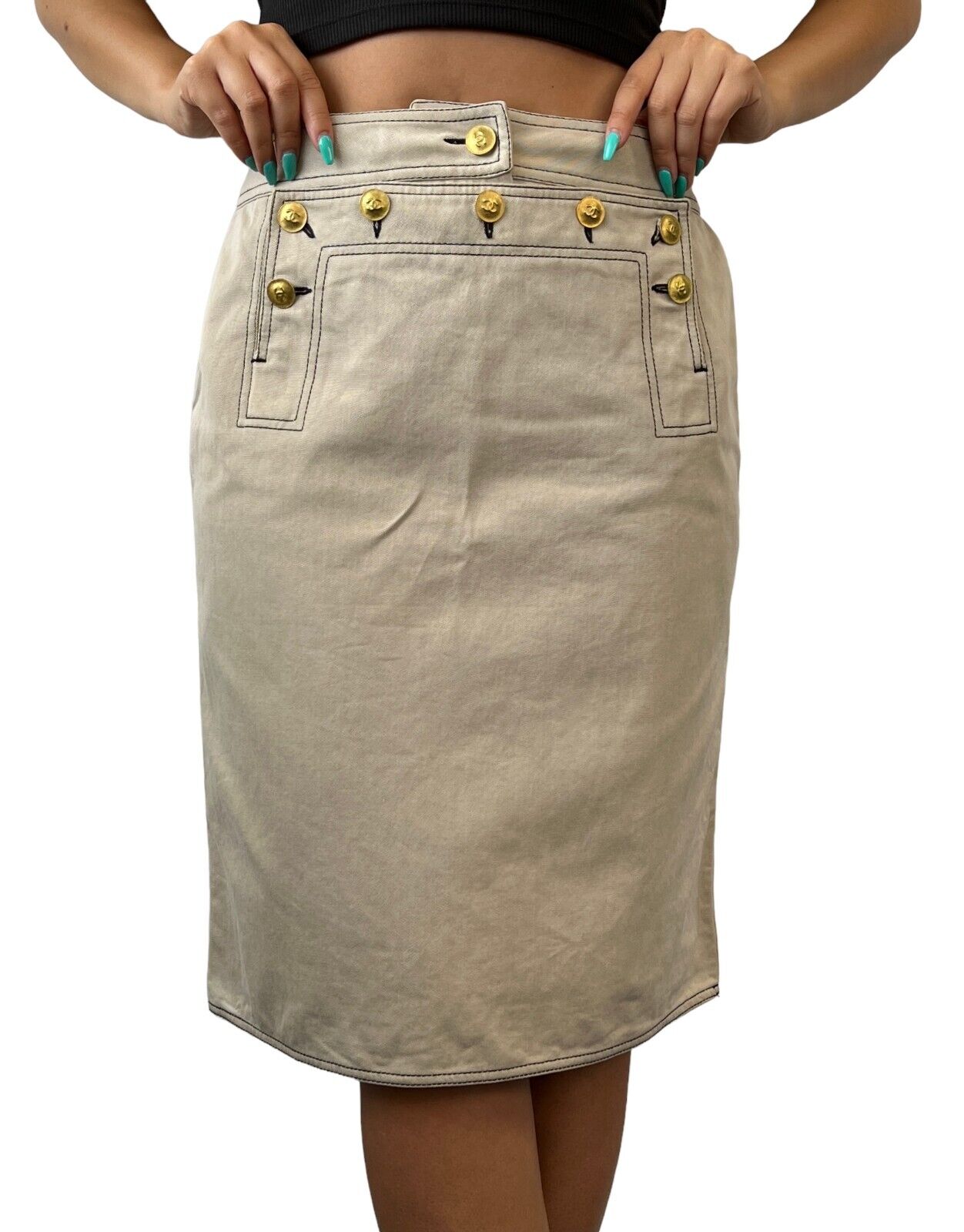 CHANEL Vintage CC Mark Gold Button Skirt #40 Stitch Beige Cotton Rank AB