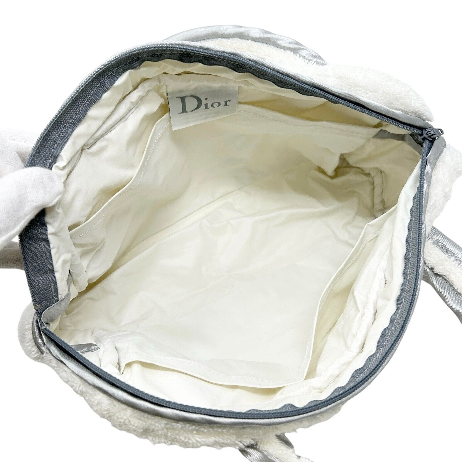 Dior Vintage Logo Mini Bag White Silver Terry Cloth Cotton Zip RankAB