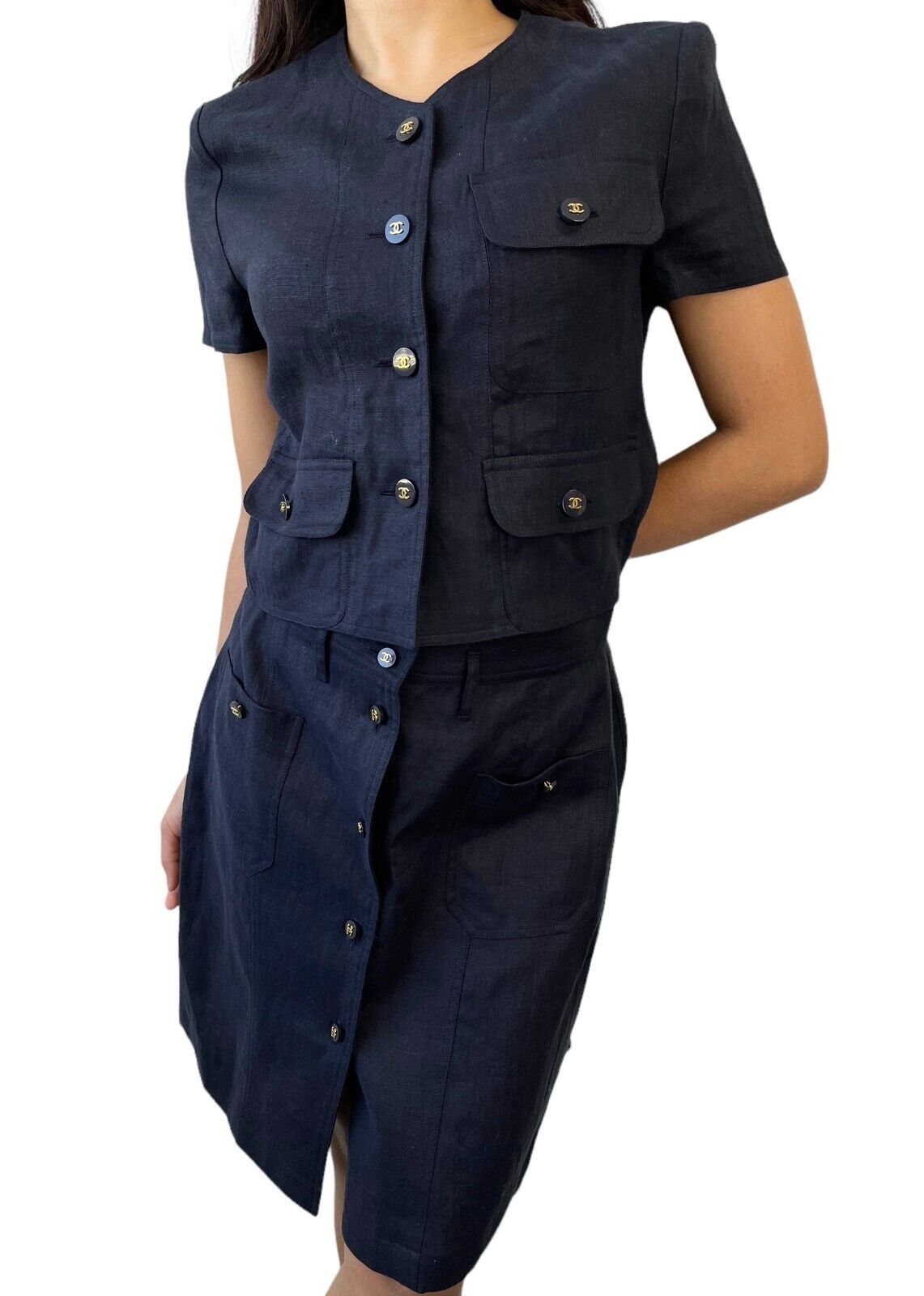 CHANEL Vintage CC Mark Button Linen Jacket Skirt Set #40 Dark Blue Rank AB+