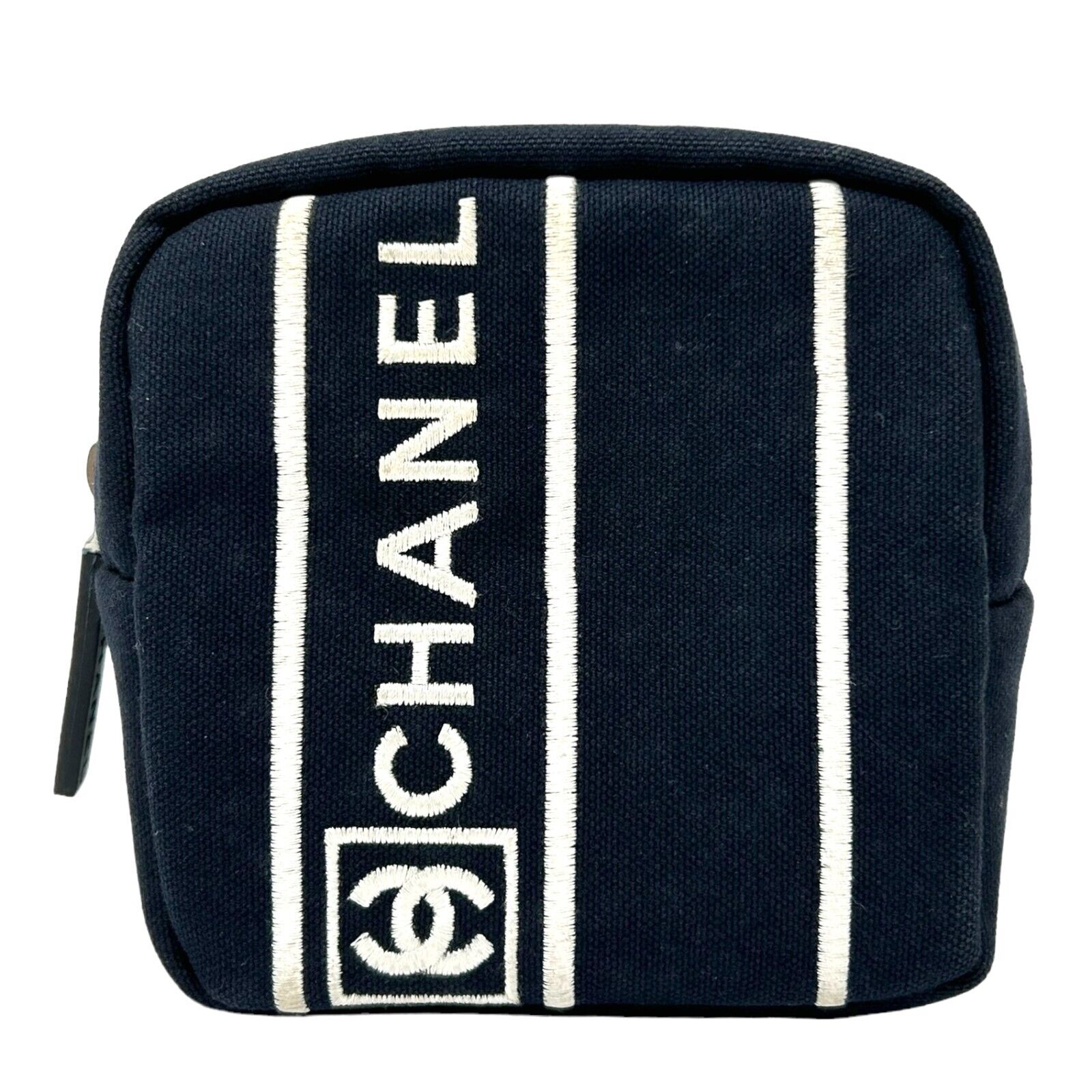 CHANEL Sport Vintage Coco Mark Logo Mini Pouch Dark Blue Canvas Zip RankAB