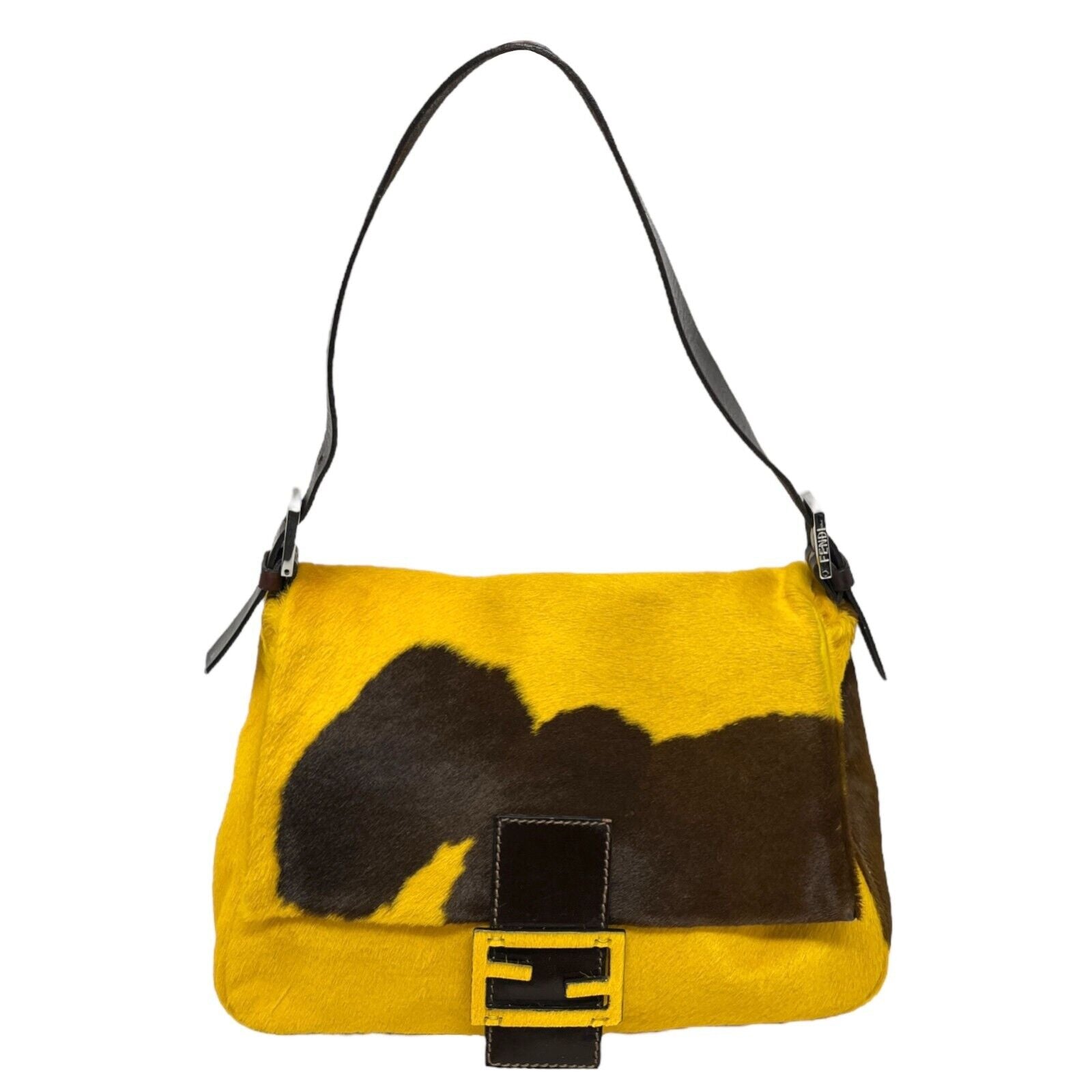 FENDI Vintage FF Logo Cow Mamma Baguette Shoulder Bag Yellow Calf Hair Rank AB