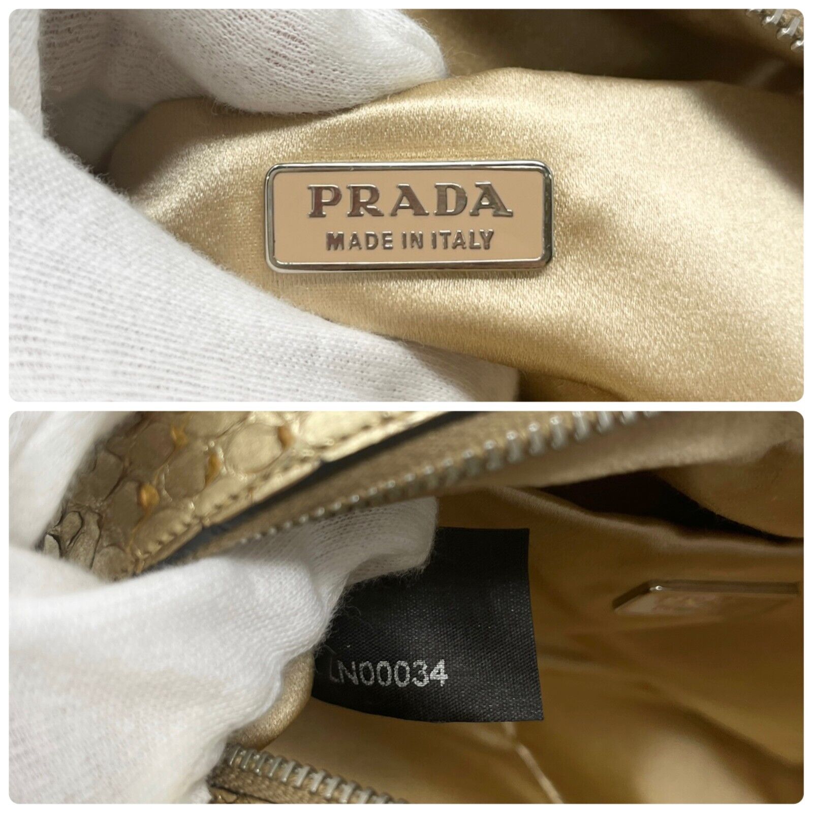 PRADA Vintage Logo Mini Bag Pochette Gold Silver Leather Zipper Rank AB