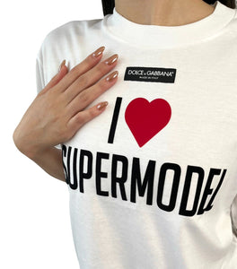 DOLCE&GABBANA Logo T-shirt #XXS Top White Black Cotton I Love Supermodel RankA