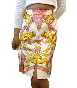 Christian Dior Vintage Logo Knee Length Skirt #40 White Pink Silk Rank AB
