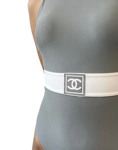 CHANEL Vintage 01P CC Mark Swimsuit #36 One-piece Gray White Nylon Rank AB