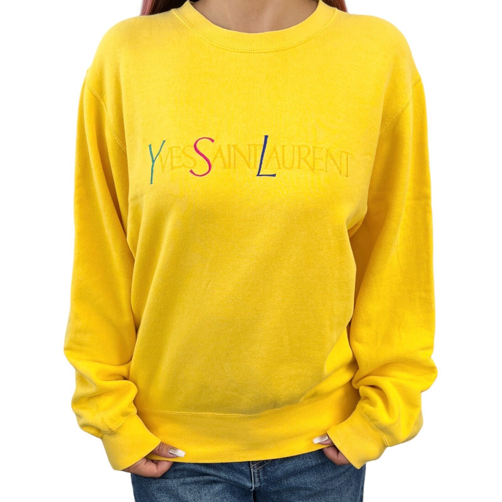 Yves Saint Laurent Vintage Big YSL Initial Logo Sweatshirt Top #M Yellow RankAB