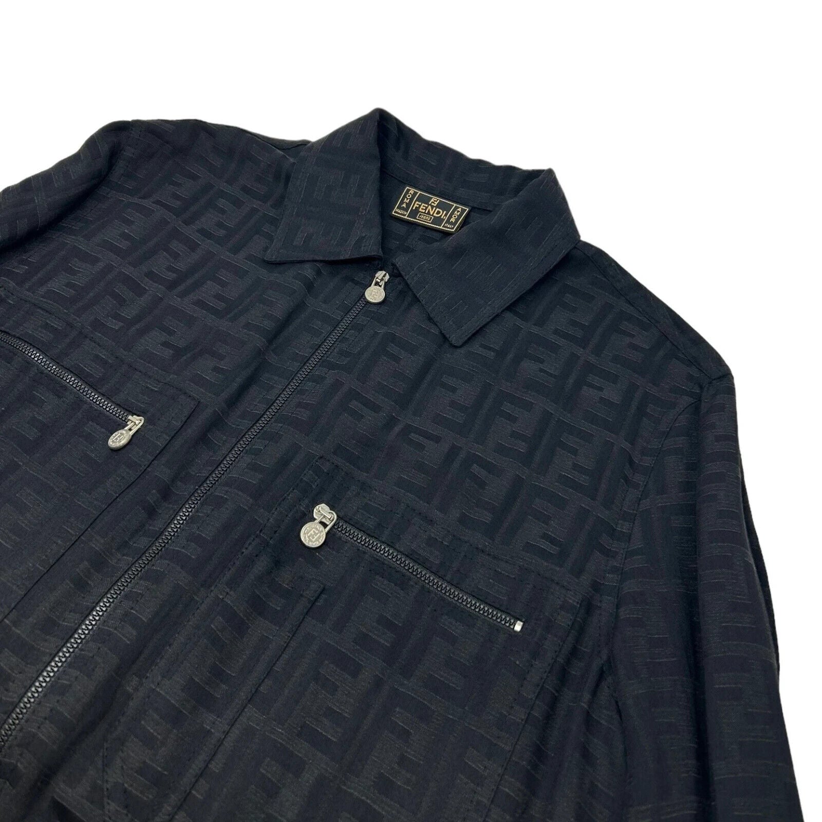 FENDI Vintage Zucca Monogram Logo Zipped Jacket #40 Black Viscose Button RankAB