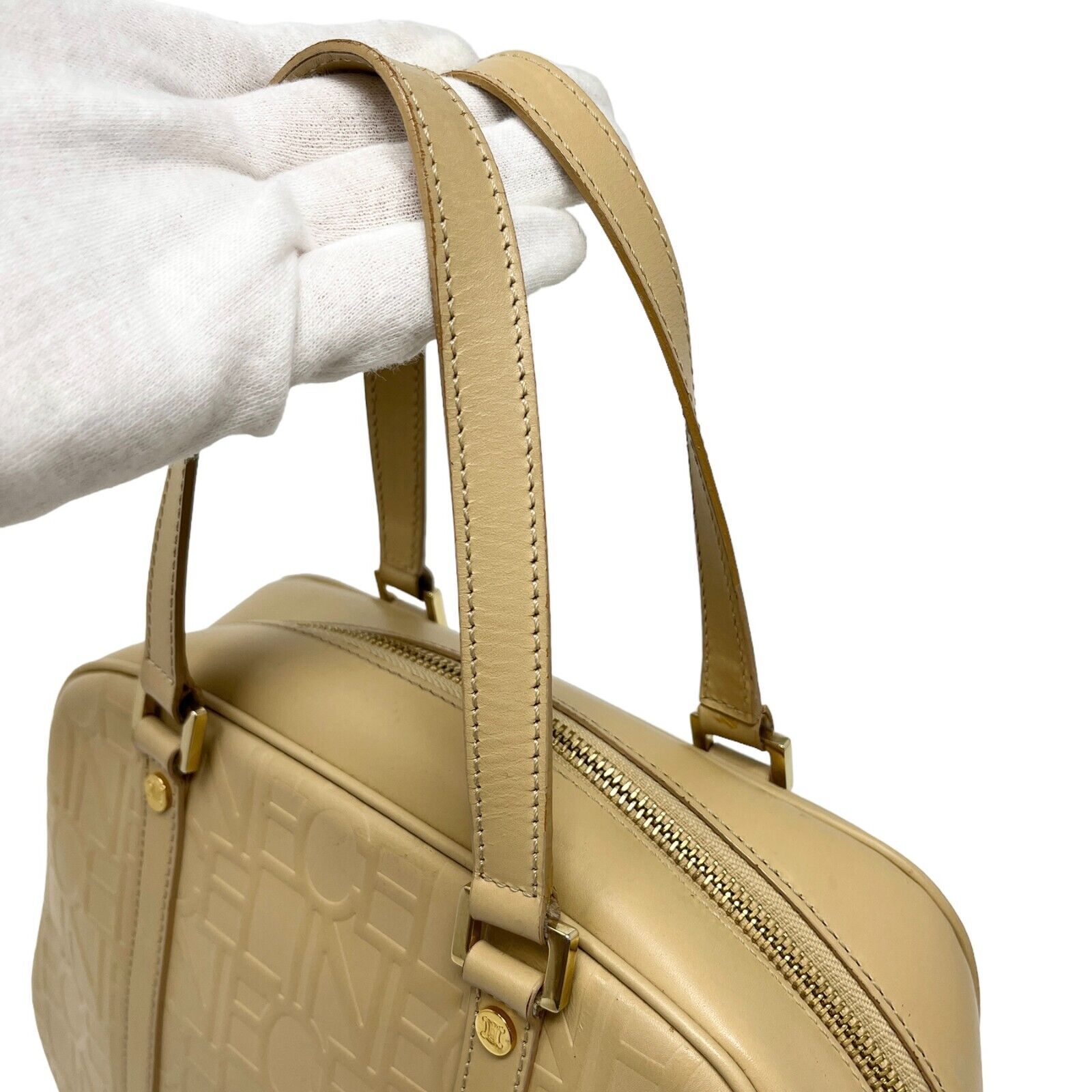 CELINE Vintage Monogram Logo Handbag Zip Beige Gold Leather Rank AB