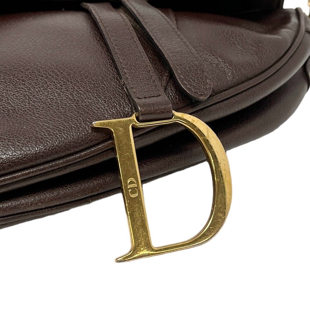 Christian Dior Vintage Saddle Shoulder Bag Brown Gold Leather Rank AB