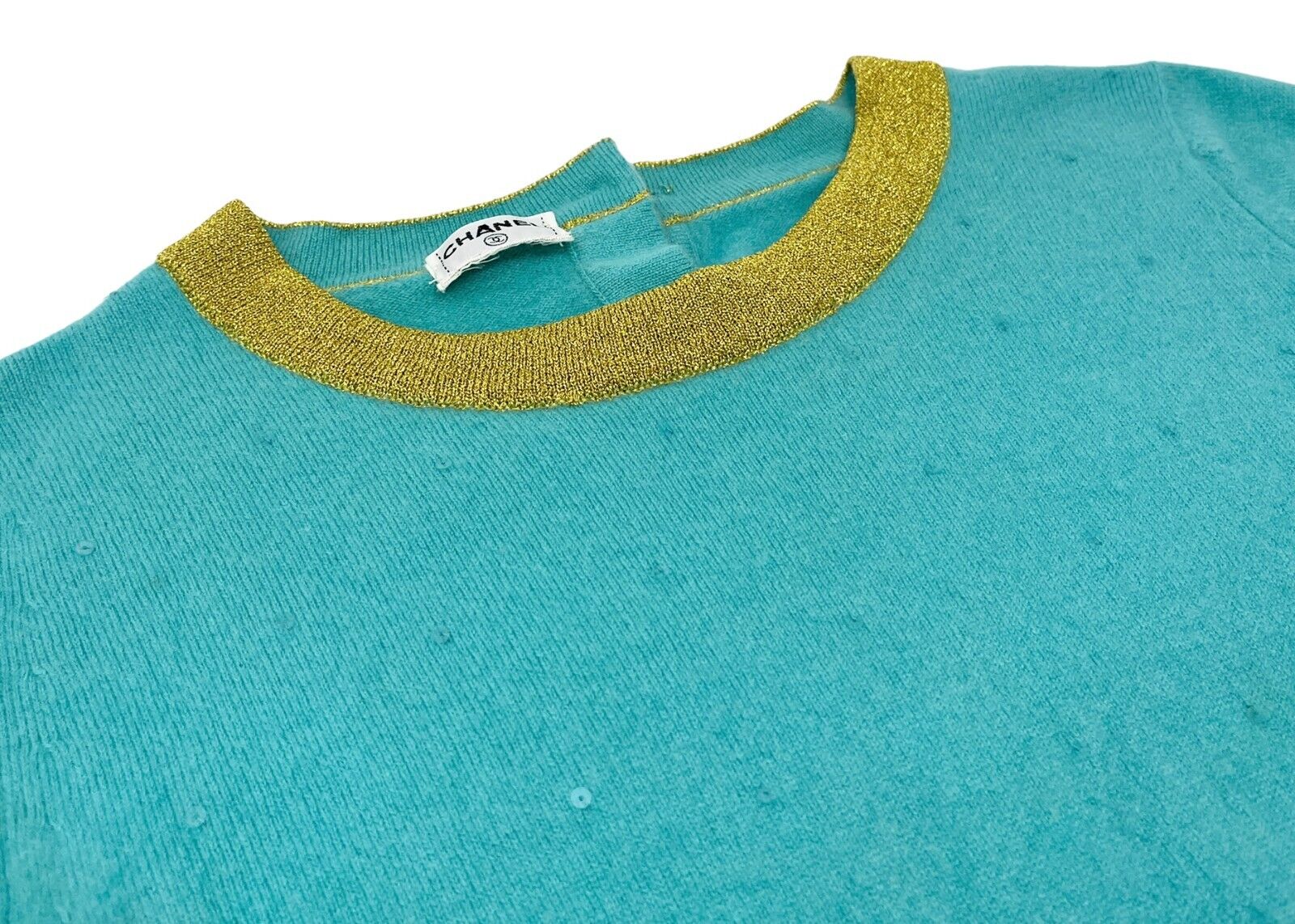 CHANEL Vintage 96A CC Logo Sweater Top Cropped Top Glitter Sequins Blue RankAB