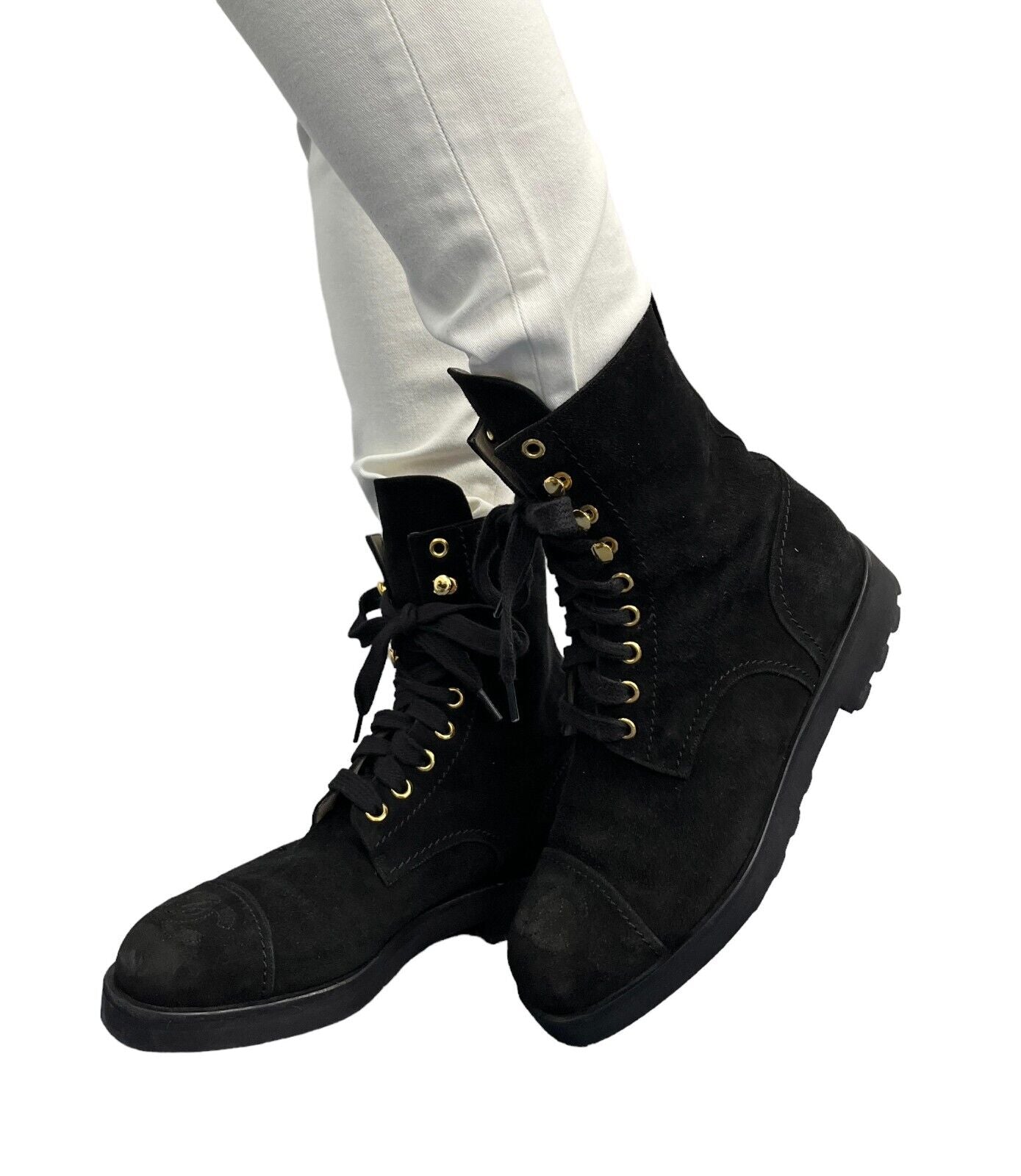 CHANEL Vintage CC Logo Short Boots #37 US 6.5  Suede Black Gold Rank AB