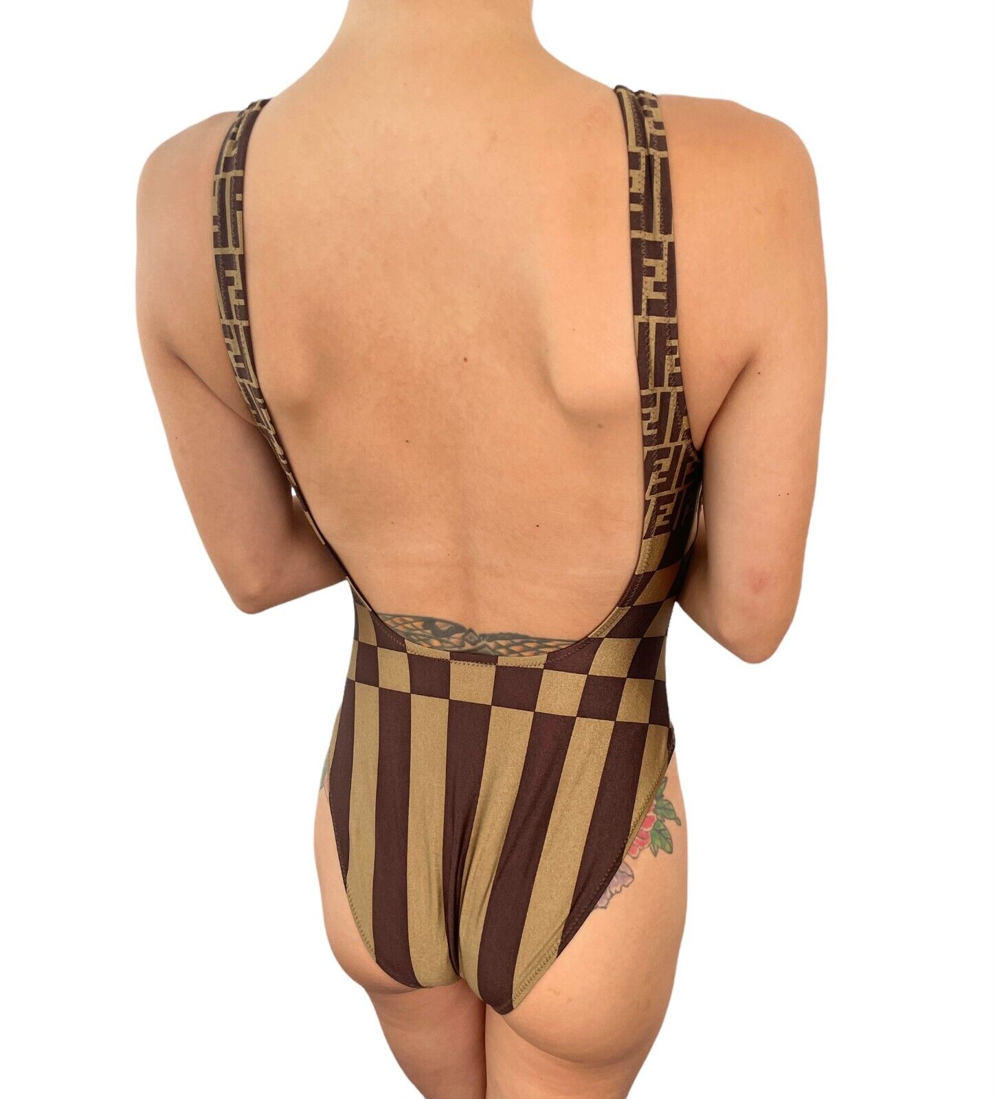 FENDI Vintage Zucca Monogram Swimsuits One-piece #42 Khaki Brown Checker RankAB+