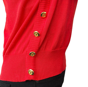 CHANEL Vintage CC Mark Logo Knit Top #38 Red Gold Button Cotton V-neck RankAB