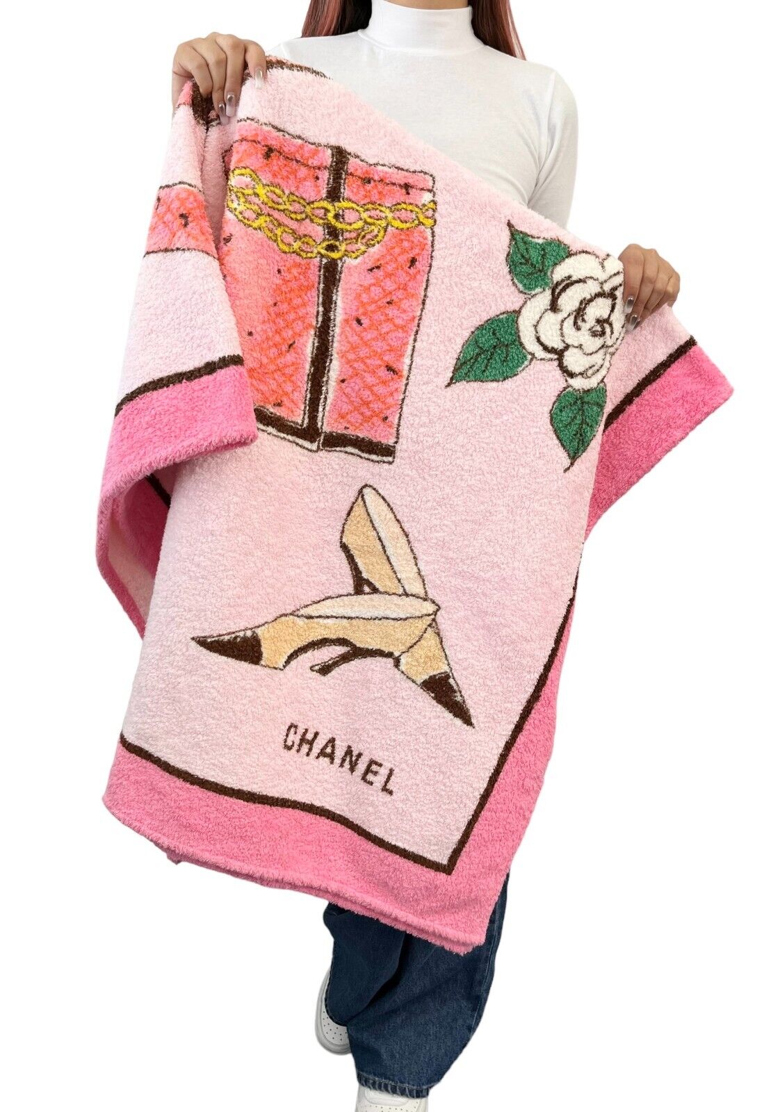 CHANEL Vintage 1995 CC Mark Logo Icon Beach Towel Terry Cloth Pink Rank AB