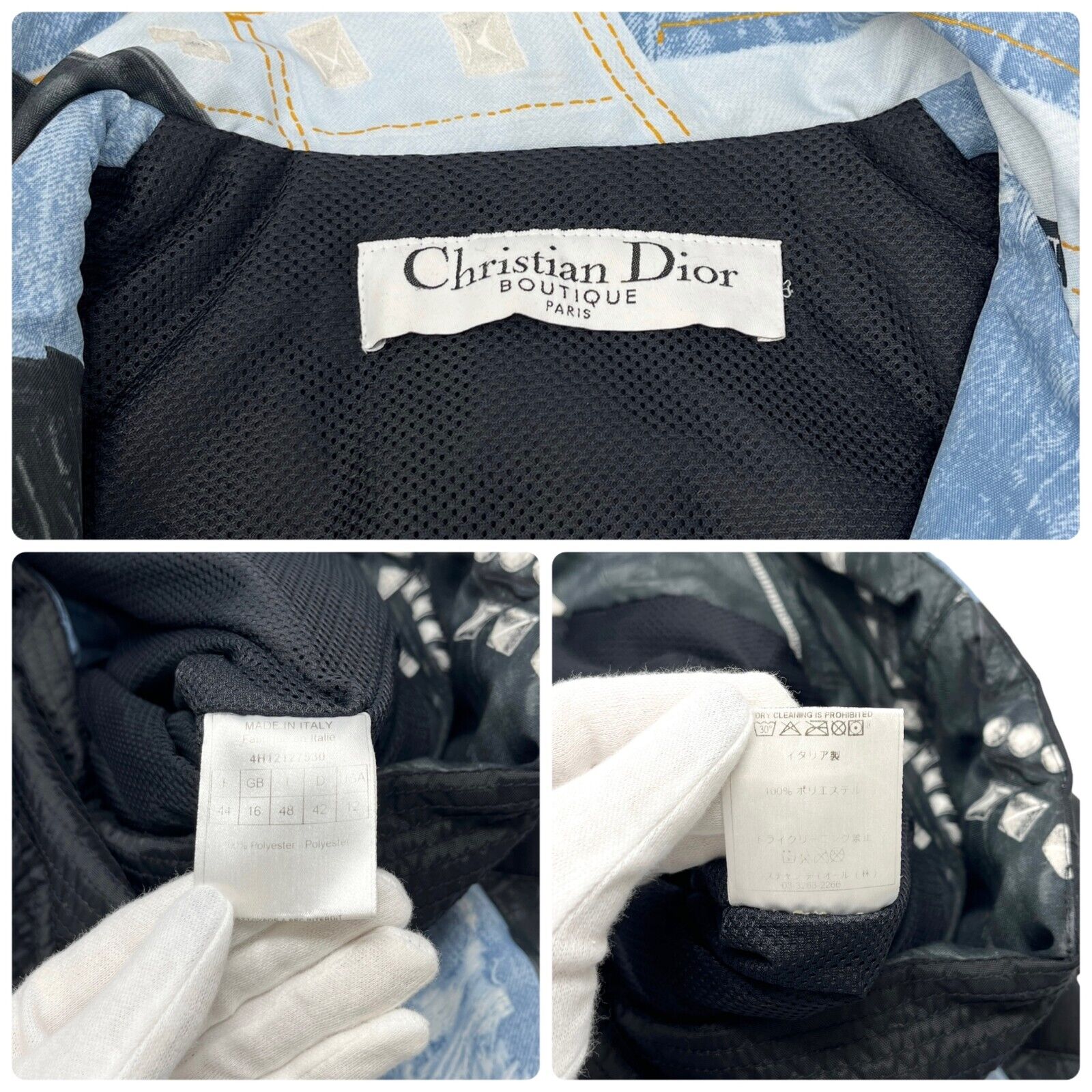 Christian Dior Vintage Logo Jacket #44 Blue Denim Design Polyester Zip RankAB