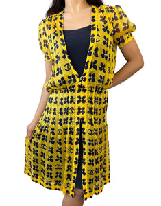 CHANEL Vintage 02S CC Mark Clover See-through Dress #36 Yellow Silk Rank AB+