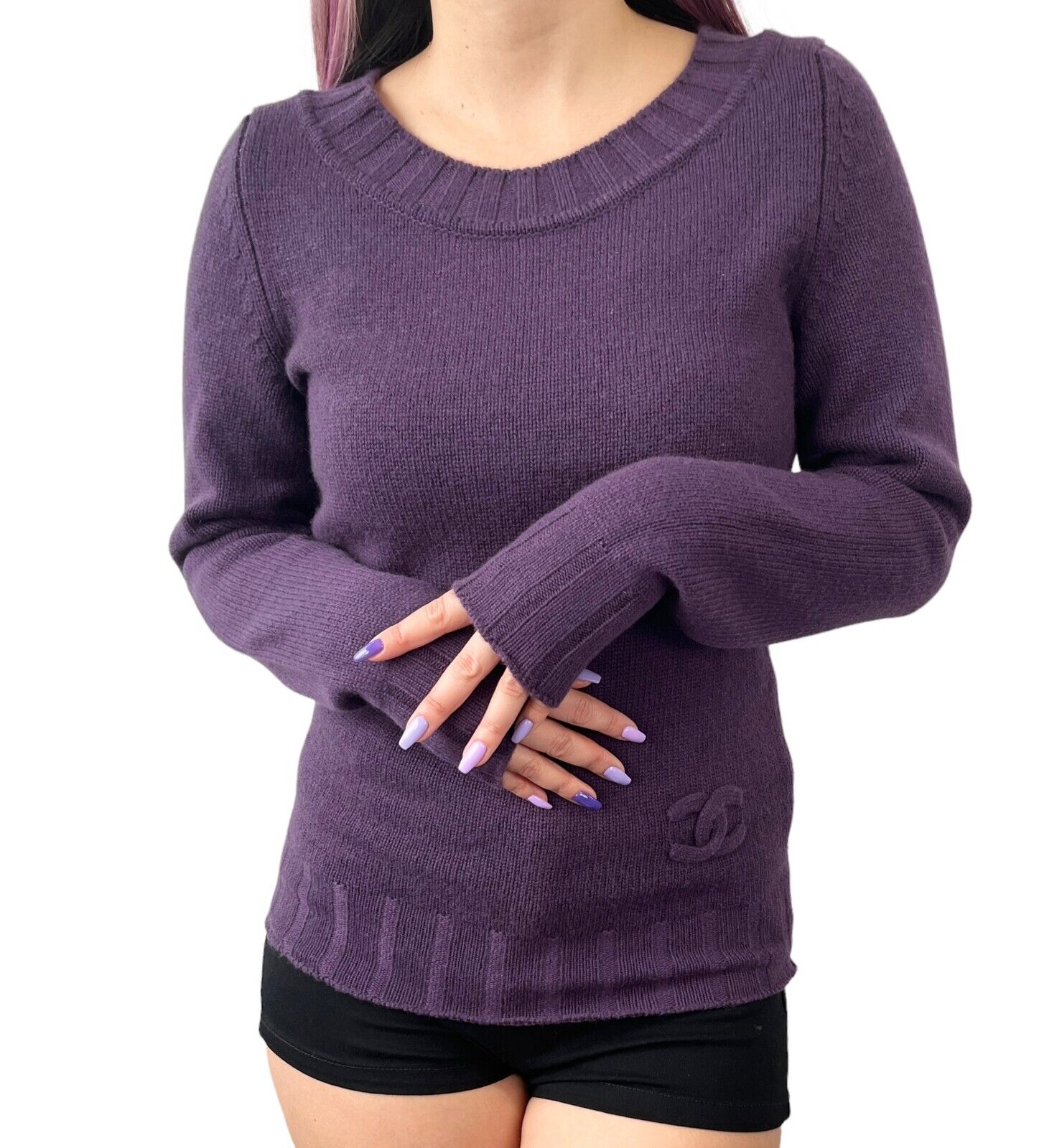 CHANEL Vintage P44576 CC Logo Sweater Top #34 Pullover Purple Cashmere RankAB