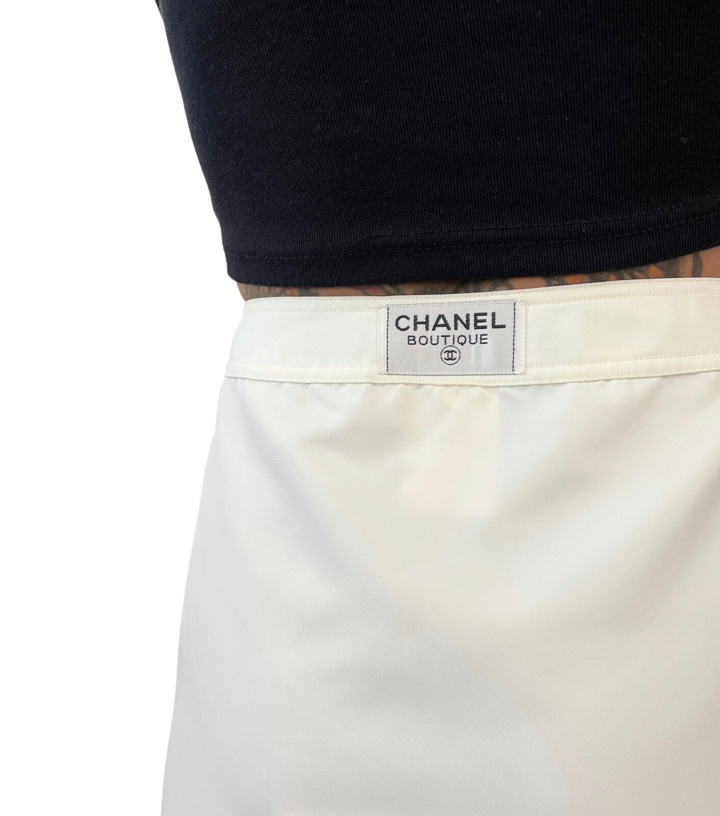 CHANEL Vintage C97 Coco Mark Logo Wrap Skirt #40 Button Cream Gold Nylon Rank AB