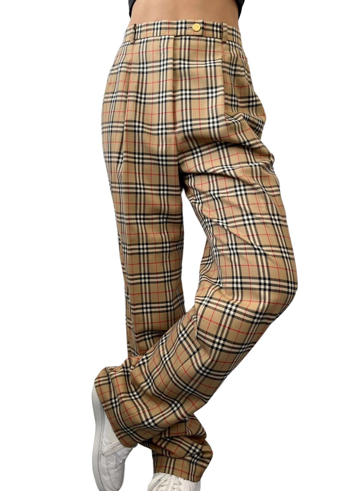Burberrys Vintage Plaid High Waist Pants #40 Beige Black Red Wool Rank AB+