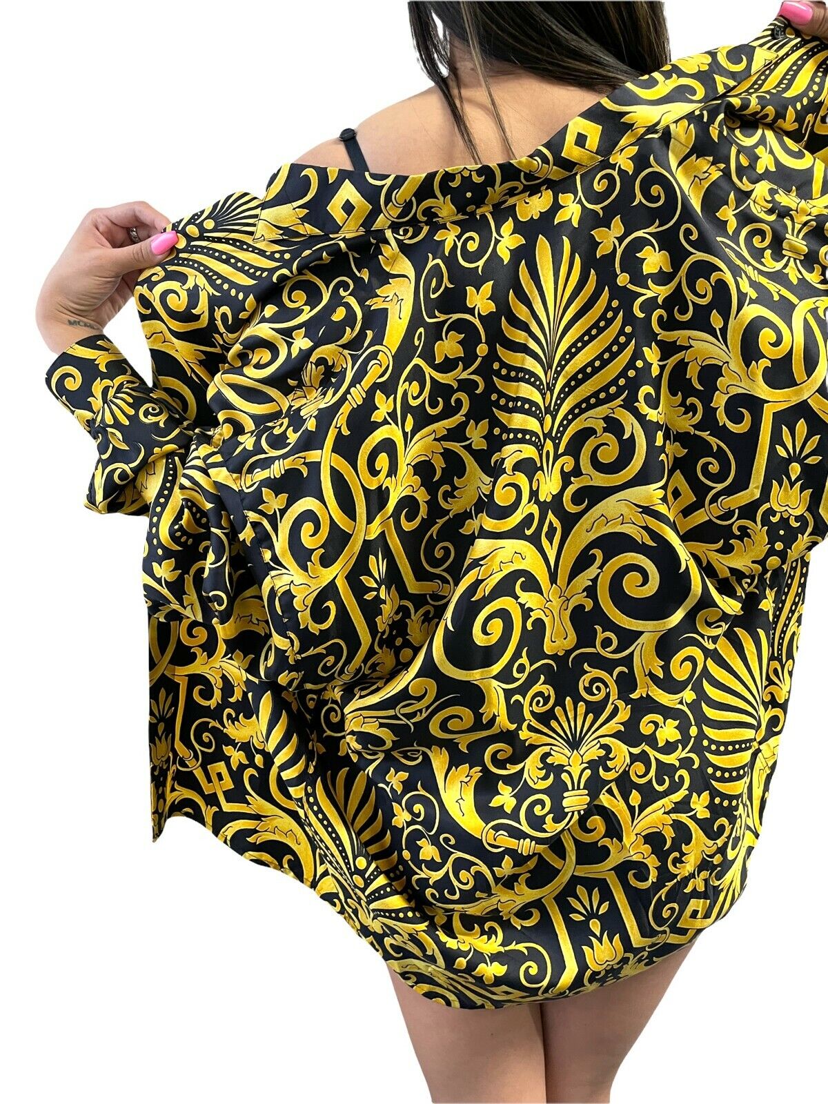 GIANNI VERSACE Vintage Silk Shirt Tops Unisex Button Down #46 Black Gold RankA