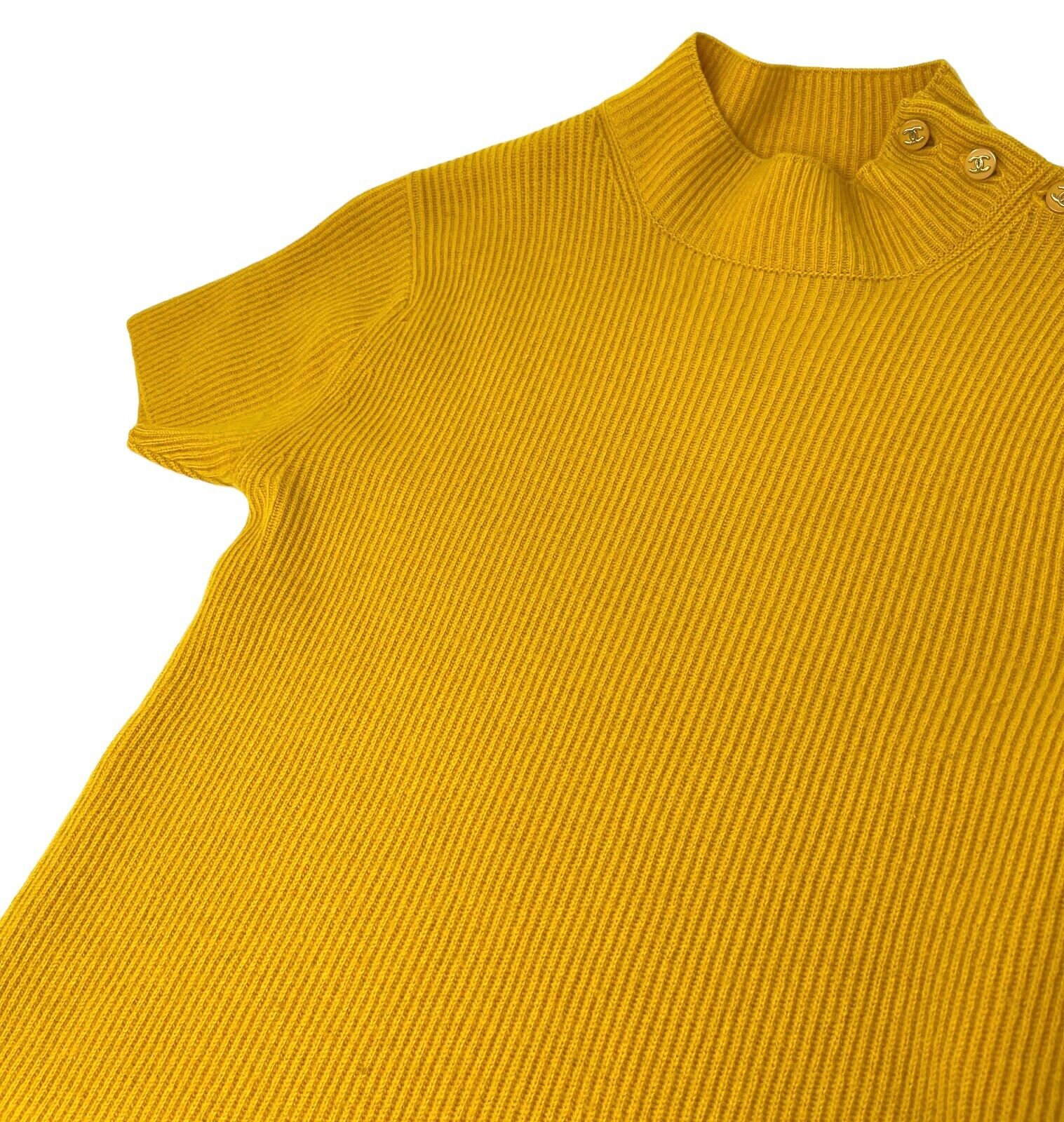 CHANEL Vintage 96A Coco Mark Logo Knit Top #40 Yellow Cashmere Rank AB+