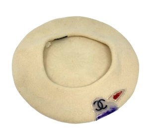 CHANEL Vintage Coco Mark Cc Beret Hat Fashion Accessory Ivory Wool RankAB
