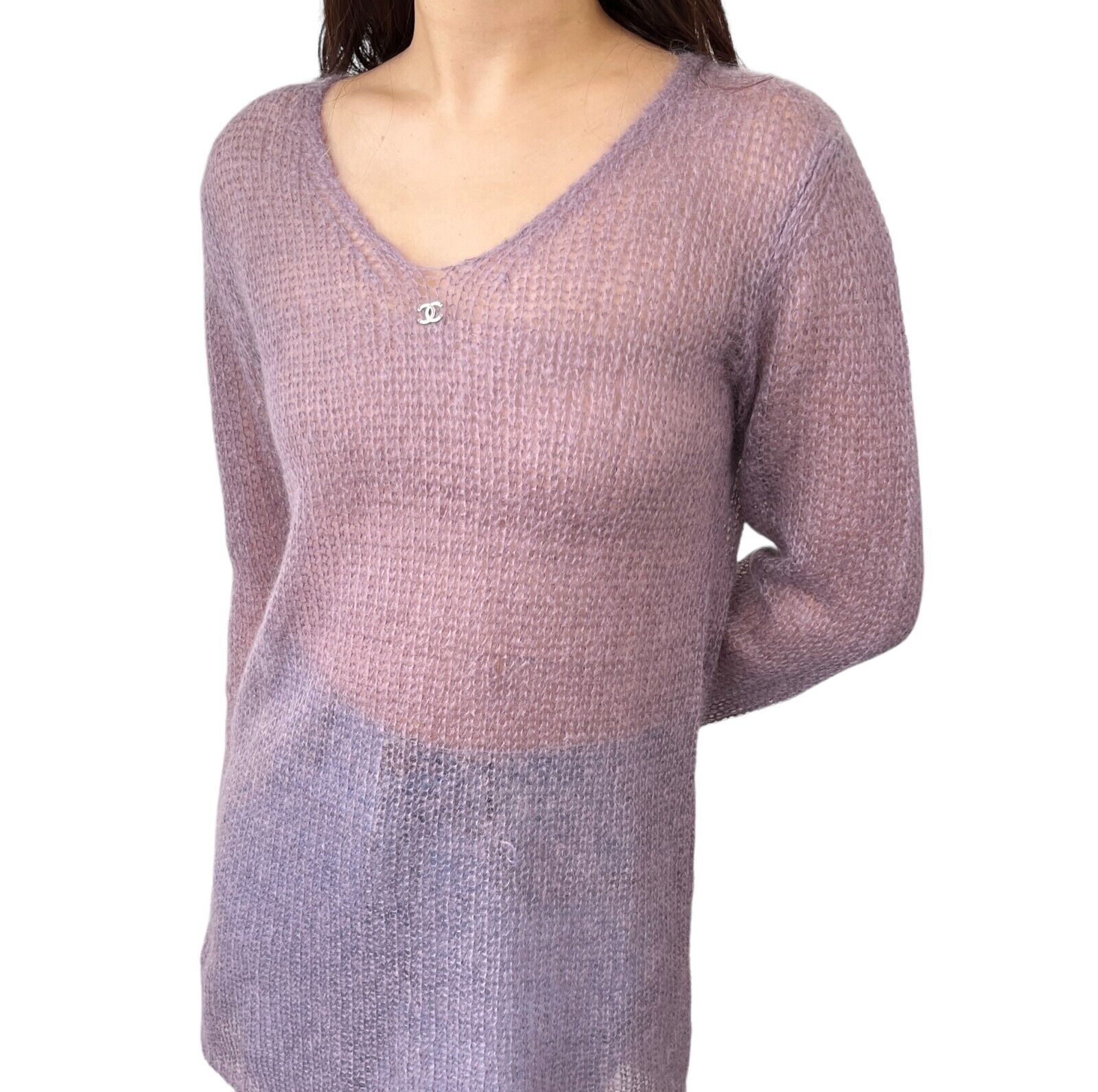 CHANEL Vintage 98A CC Mark Logo Sweater Top #38 Clochette Purple Mohair RankAB