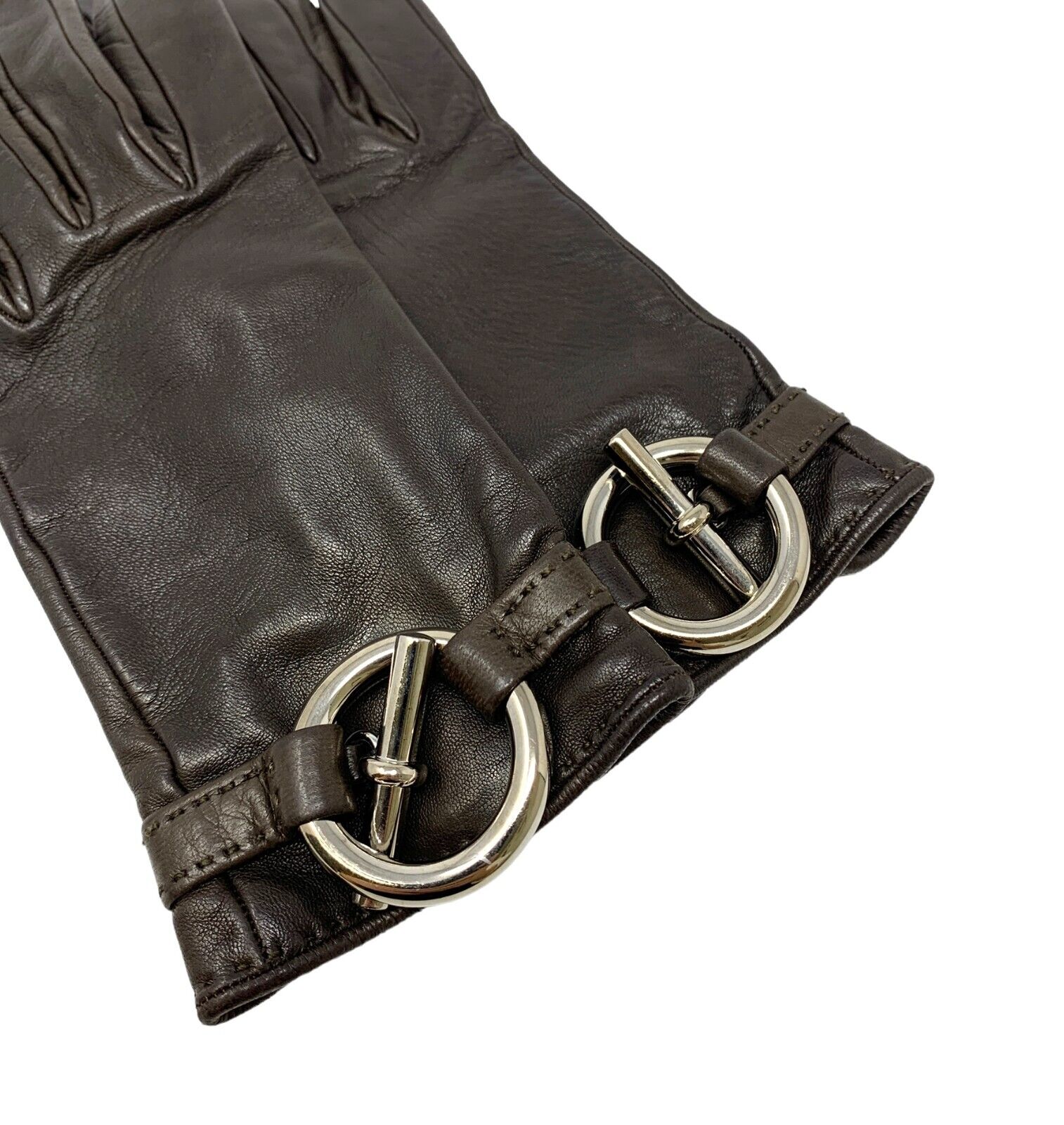 HERMES Vintage Leather Glove #6.5 Fashion Winter Accessory Brown Silver Rank AB