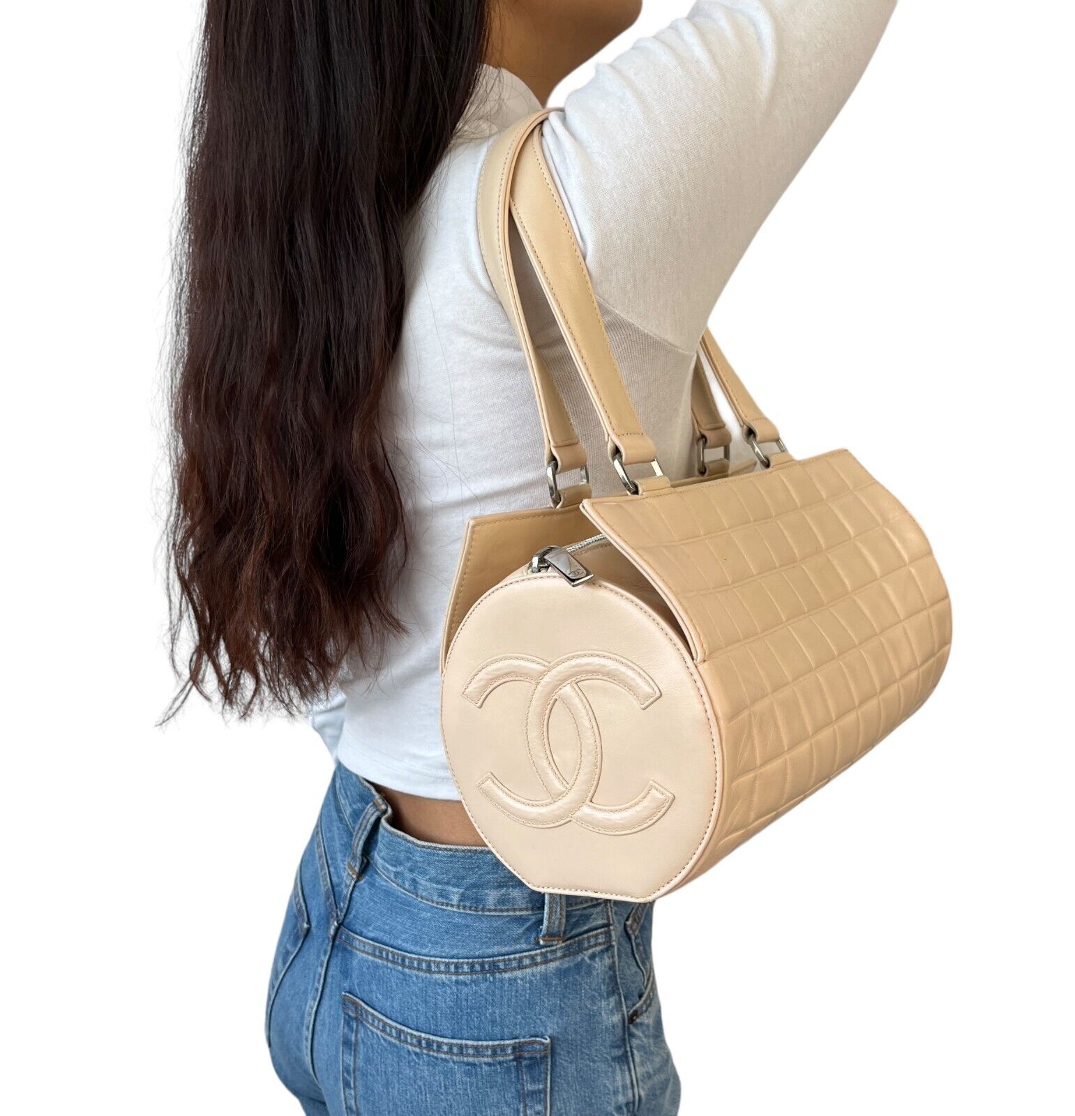 CHANEL Vintage Coco Mark Chocolate Bar Barrel Bag Shoulder Bag Leather RankAB