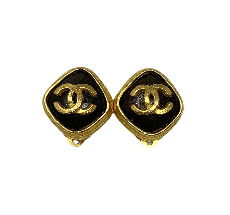 CHANEL Vintage 97A Coco Mark Earrings Fashion Jewelry Dark Brown Metal RankAB+