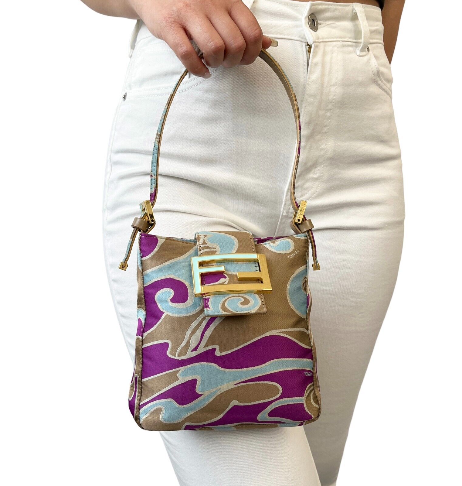 FENDI Vintage FF Logo Mini Handbag Pochette Beige Purple Nylon Rank AB+