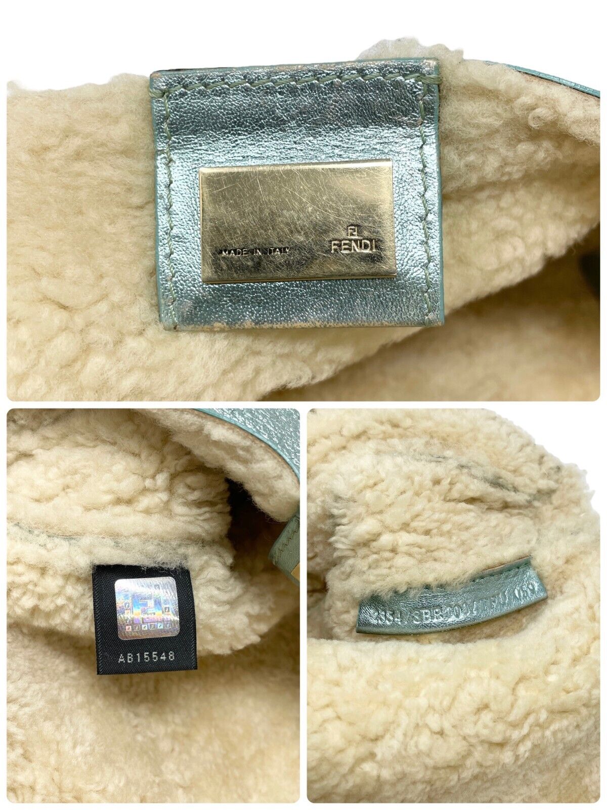 FENDI Vintage Mamma Baguette Bag Metallic Blue Gold Charm Leather Rank AB+