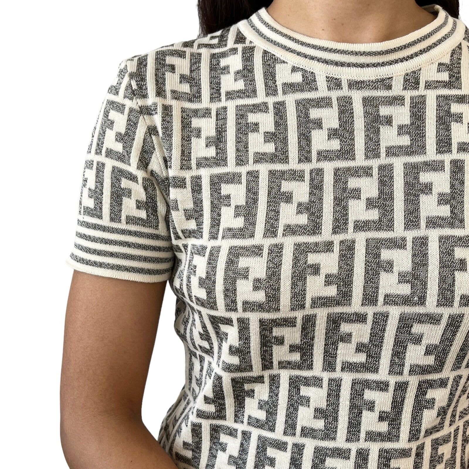 FENDI Vintage Zucca Monogram Logo Knit Top Pullover Cream Gray Cotton Rank AB