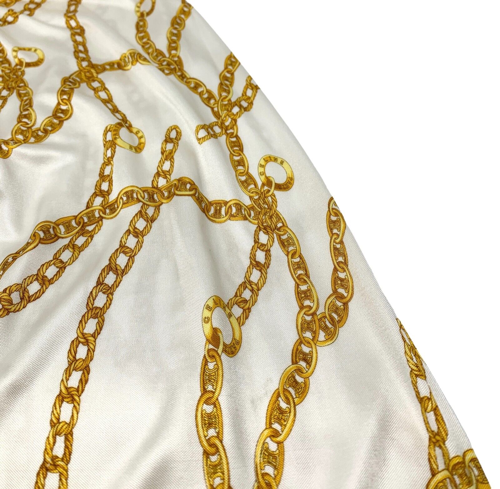 CELINE Vintage Logo Chain Pattern Dress #S Strapless Gold White Rayon Rank AB