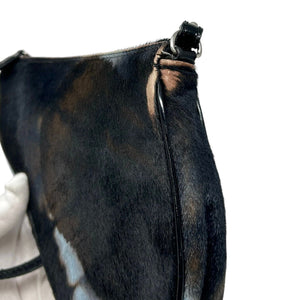 Christian Dior Vintage Logo Saddle Bag Black Blue Calf Hair Tie Dye Zip RankB