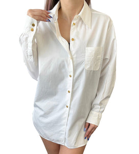 HERMES Vintage Logo Shirt Top #38 White Gold Cotton Sellier Button RankAB