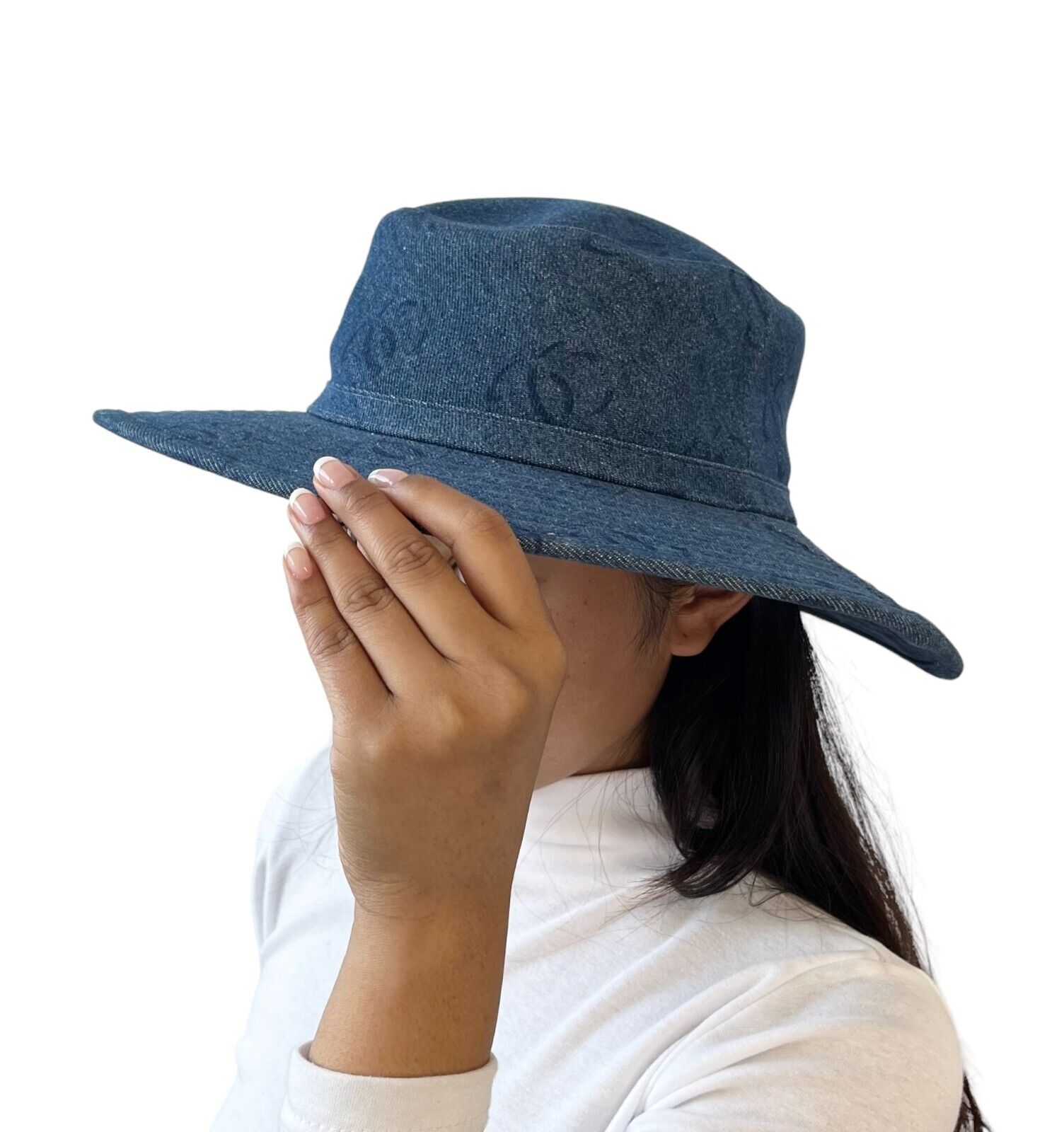 CHANEL Vintage CC Logo Denim Bucket Hat #58 Blue Cotton Accessory Rank AB