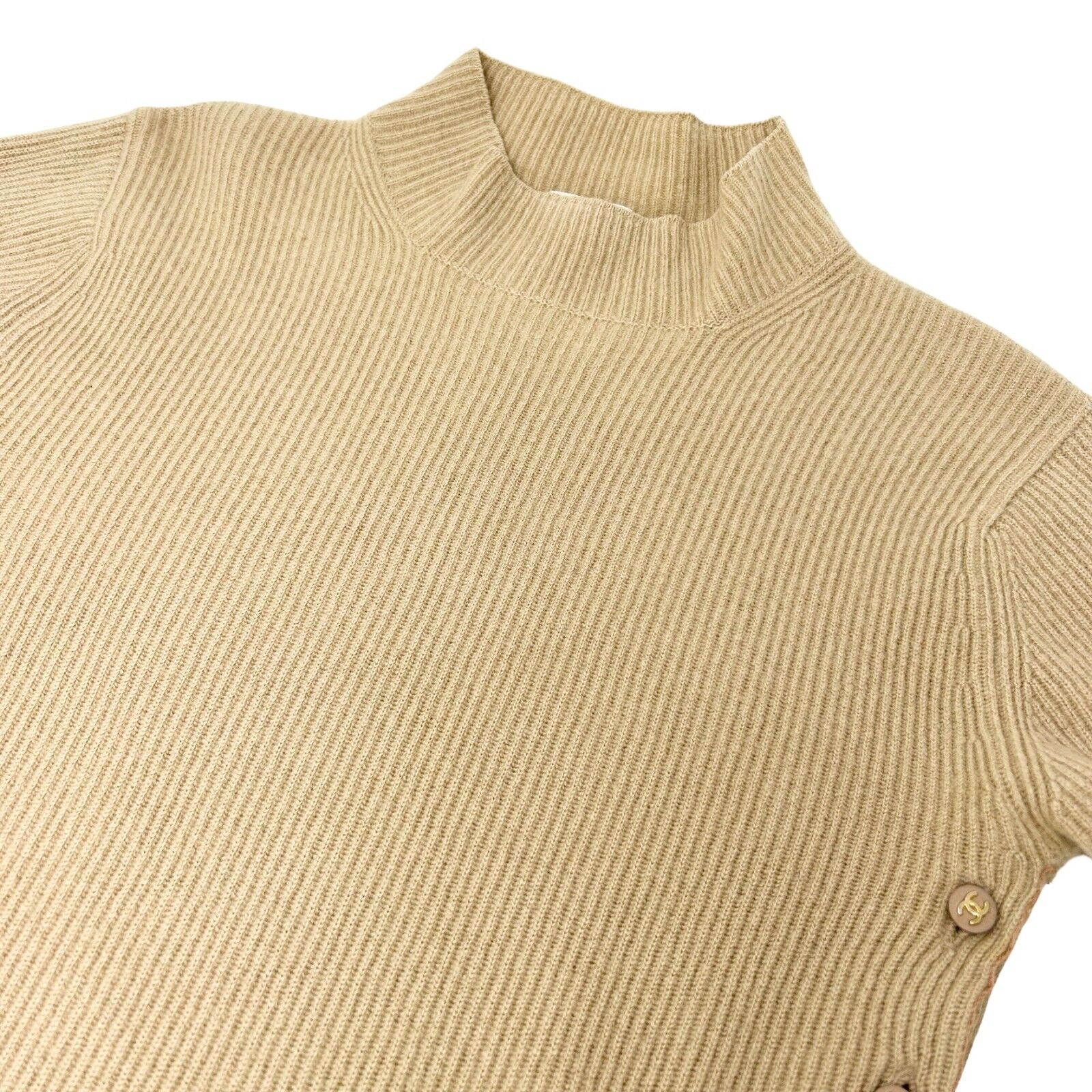 CHANEL Vintage Coco Mark Logo Rib Knit Top Sweater Cashmere Mock Neck RankAB