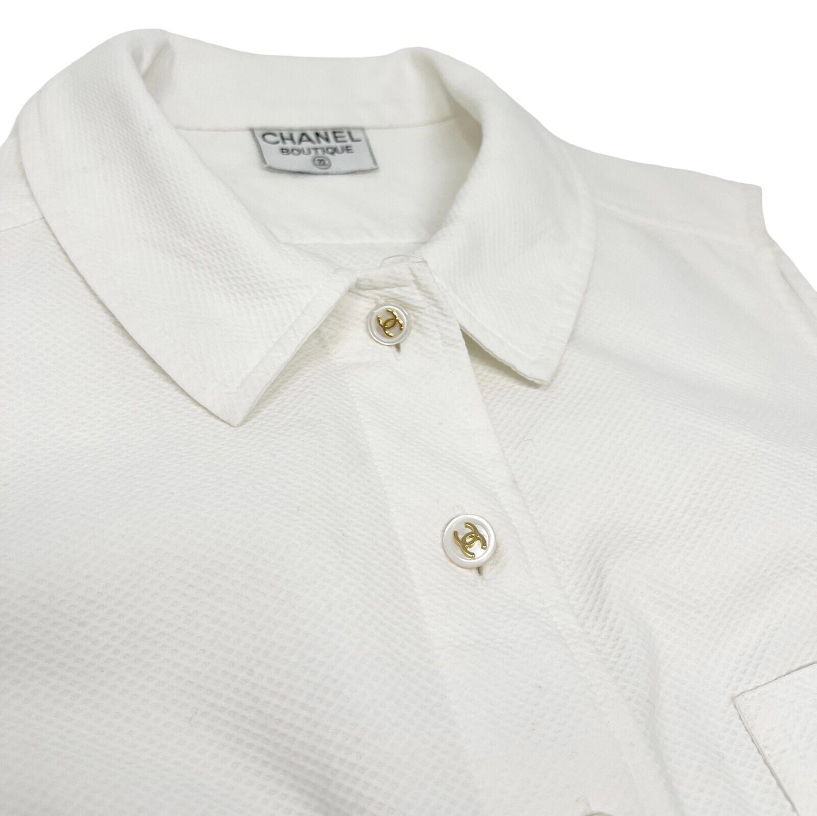 CHANEL Vintage Coco Mark Logo Sleeveless Shirt Top Button White Cotton RankAB