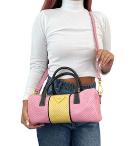 PRADA Vintage Logo Saffiano Punching Boston Bag Handbag 2Way Pink Yellow RankAB