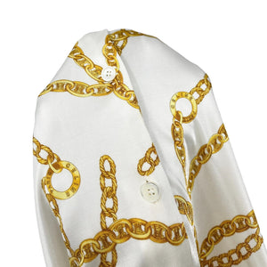 CELINE Vintage Logo Shirt Top #36 Button Chain White Gold Rayon Rank AB+