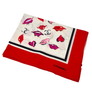 CHANEL Vintage CC Mark Wrap Pareo Big Scarf Lip Print Red Pink Cotton Rank AB+
